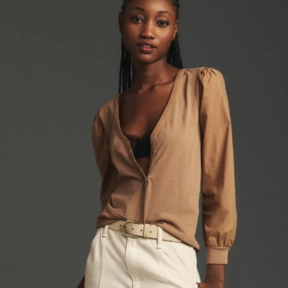 Nation Los Angeles Camel/Tan V-Neck Cotton Henley Top SZ XS - Picture 2 of 7